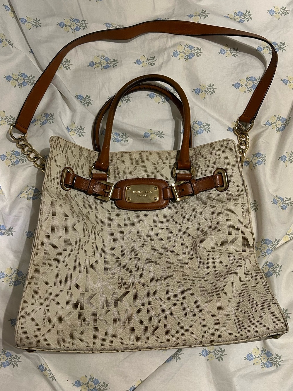 Michael Kors Beige MK Logo Shoulder Tote with Brown Leather Trim